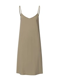 Abito senza maniche, con scollatura a V in khaki chiaro realizzato in un tessuto morbido e liscio. Si ferma poco sopra il ginocchio, con spalline sottili e un design semplice.