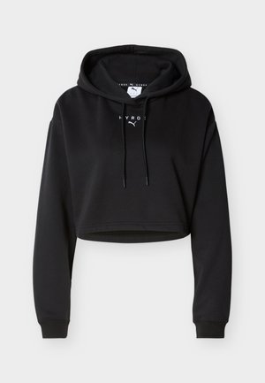 Zwarte cropped hoodie met lange mouwen, voorste trekkoorden en wit "HYROX"- en Puma-logo gecentreerd op de borst.