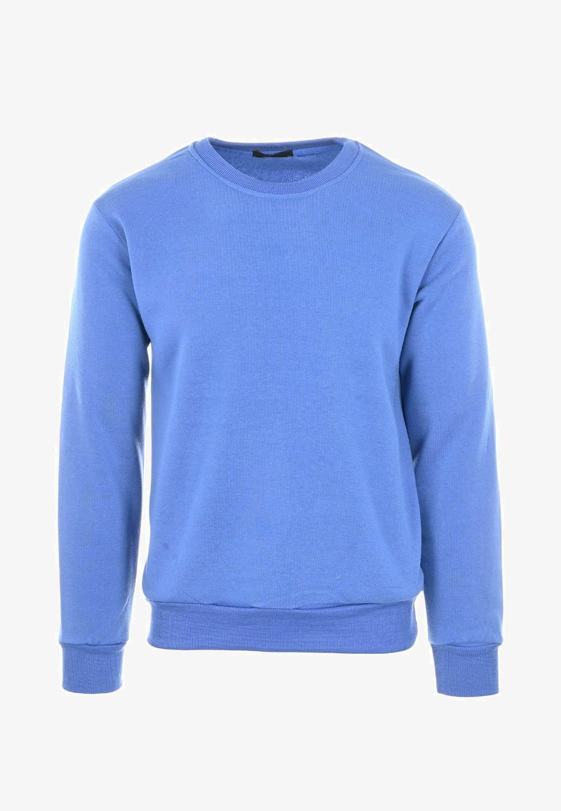 Felpa blu a girocollo realizzata in tessuto morbido, con maniche lunghe e polsini e orlo a coste. Nessun motivo o dettaglio aggiuntivo visibile.