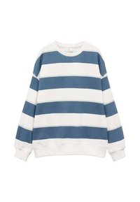 Felpa a girocollo a righe bianche e blu. Caratterizzata da una vestibilità morbida, polsini a coste e una texture morbida. Design semplice con linee orizzontali.