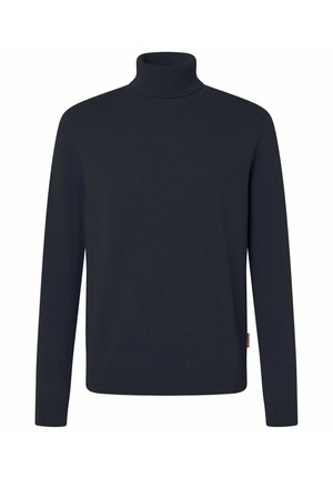 Sort langærmet rullekravetrøje med ribkant ved ærmer og talje, ensfarvet design og en lille sideetiket på højre side.