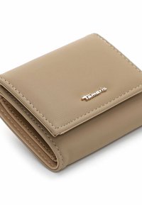 Beige synthetic leather wallet with stitched edges, snap closure, and a gold-tone logo accent. Compact, rectangular design.