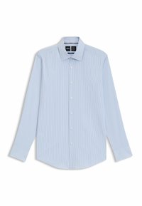 Ljusblå långärmad skjorta med knappar, fina vita ränder, spetsig krage och rundad fåll. Tyget är mjukt med en lätt lyster.