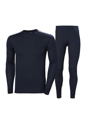 Conjunto para hombre de camiseta térmica azul marino de manga larga y leggings a juego, mostrados sobre fondo blanco.