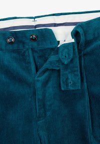 Teal corduroy-housut, joissa on pystysuora ribbauksen, kahdella mustalla nappilla, vetoketjulla ja kankaasta valmistettu vyötärönauha, jossa on raidallinen vuori.
