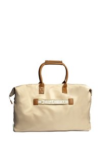 Borsa a tracolla in nylon beige con dettagli in pelle marrone, due manici e un grande logo bianco "Juicy Couture" sul fronte. Chiusura con zip.