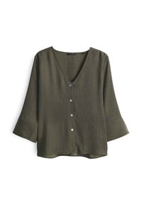 Blusa verde oliva a V, realizzata in tessuto strutturato, con tre bottoni davanti e maniche tre quarti con ampie polsini.
