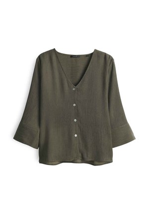 Olive green, V-neck blouse made of textured fabric, featuring three buttons down the front and three-quarter sleeves with wide cuffs.