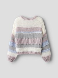 Gestrickter Pullover mit rundem Ausschnitt, kurzem Schnitt und horizontalen Streifen in Creme, Rosa, Hellblau und Grau. Strukturierter Stoff.