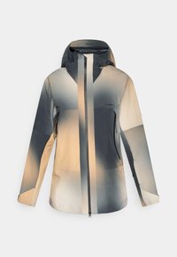 Hooded outdoor jacket with front zipper, zippered side pockets, and gradient color blocks in beige, gray, and black tones.