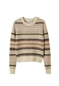 Maglione lavorato a maglia beige con motivi geometrici multicolori in rosa, verde e marrone. Caratterizzato da un collo rotondo e maniche lunghe.