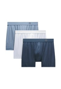 Vīriešu bokseršortiem iepakojumā pa trim, kas ir gaiši zili, balti un tumši zili. Izgatavoti no mīkstas auduma ar elastīgiem jostas līmeņiem.