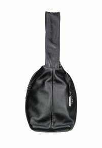 Pochette en cuir noir texturé avec une large sangle et un tirette en argent, présentée sur un fond blanc.