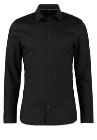 Zwarte longsleeve shirt gemaakt van soepele stof, met een knoopsluiting aan de voorkant, een klassieke kraag en een getailleerde pasvorm, met een minimalistisch ontwerp.