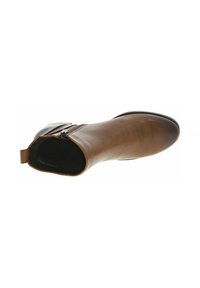 Bottine en cuir marron avec un bout arrondi, fermeture éclair sur le côté et surface texturée. Elle dispose d'une petite languette à l'arrière pour faciliter l'enfilage.