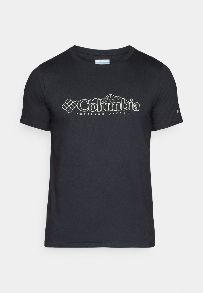 Schwarzes Baumwoll-T-Shirt mit weißem Columbia-Logo und Bergen, runder Ausschnitt und kurzen Ärmeln. Einfaches, klassisches Design.