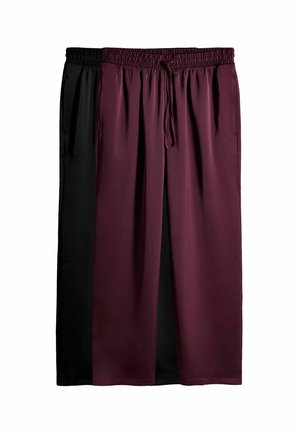 Zwei Paar weit geschnittene Hosen; eine in Bordeauxrot und die andere in Schwarz. Beide verfügen über einen elastischen Bund und einen Kordelzug. Glatte Textur.
