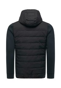 Padded black jacket with a hood, featuring a quilted design on the upper section and smooth fabric on the sleeves.