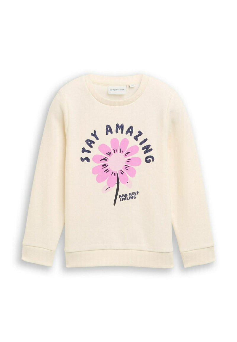 Crème-kleurige sweatshirt met een ronde halslijn, voorzien van een grote roze bloemenprint en de tekst "STAY AMAZING" in donkerblauw.
