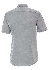 Korte mouwen shirt van lichtgrijze stof, met een klassieke kraag, een gladde textuur, een achterpand detail en een gebogen zoom.