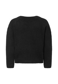 Pull noir, texture tricotée, encolure arrondie, manches longues et ourlet côtelé. Design simple sans motifs ou graphiques visibles.