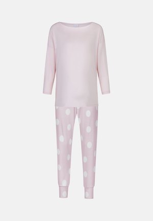 Pink long-sleeve top with a wide neckline and soft fabric; paired with pink polka-dot pants featuring elastic cuffs at the ankles.