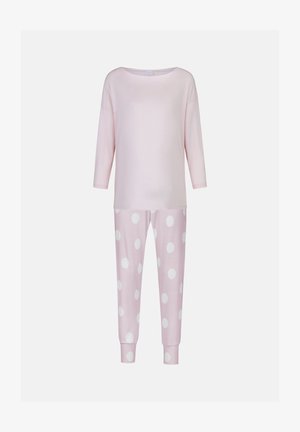 Pink long-sleeve top with a wide neckline and soft fabric; paired with pink polka-dot pants featuring elastic cuffs at the ankles.