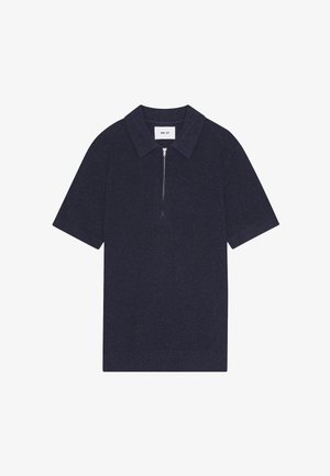 Polo à manches courtes côtelé bleu marine avec une fermeture éclair à l'avant et un col classique.