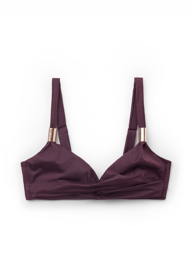 Plommonlila bh i mjukt tyg, djup V-form och breda band med metalliska detaljer på axlarna.