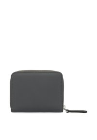 Grey leather wallet with a textured surface, rectangular shape, and a zipper closure. Features a side pull tab for easy opening.