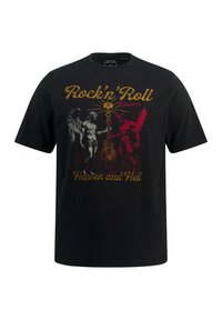 Schwarz Baumwoll-T-Shirt mit einem Grafikdesign, das kontrastierende rote und weiße Illustrationen von Engeln und Dämonen zeigt, mit "Rock'n'Roll Between Heaven and Hell."