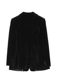 Blazer en velours noir avec une texture lisse, à boutonnage simple, revers crantés et poignets à quatre boutons. Fente arrière pour faciliter les mouvements.