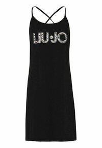 Czarna sukienka bez rękawów z krzyżującymi się ramiączkami i wyraźnym logo "LIU·JO" z dekoracyjnymi wzorami w białym kolorze oraz akcentami kolorystycznymi.