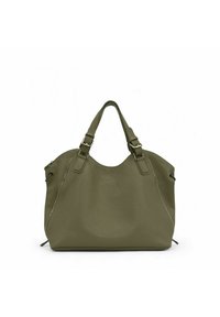 Sac fourre-tout en cuir vert olive avec une forme incurvée, deux poignées supérieures et des accents de fermeture éclair argentés sur les côtés. Fini texturé.