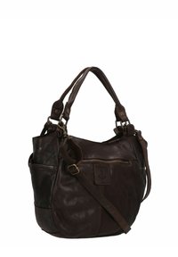 Borsa a mano in pelle marrone scuro con una texture liscia, forma arrotondata, manici superiori, tracolla regolabile e dettagli in metallo.