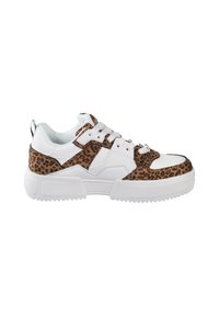 Sneakers bianchi con dettagli in stampa leopardata, dotati di suola spessa, design con lacci e una linguetta sul retro per una facile calzata.