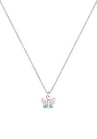 Silberne Kettenhalskette mit einem Schmetterlingsanhänger, der mit rosa und mintgrünen Emailleakzenten versehen ist. Das Design ist filigran mit einer polierten Oberfläche.