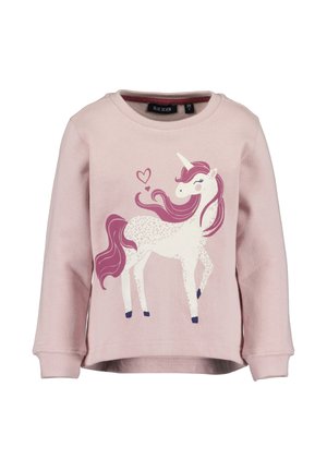 Lyserød langærmet børneskjorte med en smilende hvid enhjørning med pink manke, hale og to små lyserøde hjerter over hovedet.