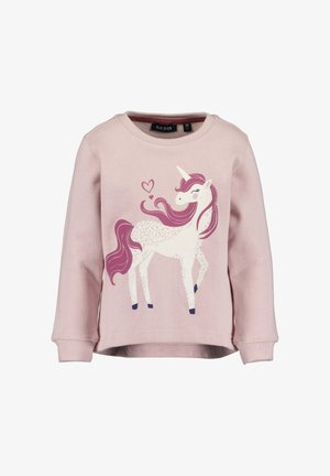 Lyserød langærmet børneskjorte med en smilende hvid enhjørning med pink manke, hale og to små lyserøde hjerter over hovedet.