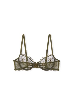 Soutien-gorge vert olive avec un design en dentelle florale transparente, bords festonnés et bretelles ajustables. Il possède une petite fermeture en matériel doré à l'arrière.