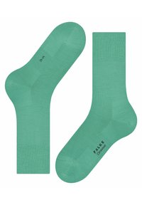 Türkise Socken aus Wollmischung, mit gerippten Bündchen, glatter Textur und verstärkten Spitzen. Markenname auf der Sohle sichtbar.