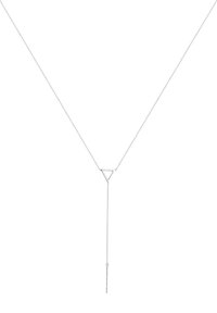 Sølv halskæde med en tynd kæde, der har en trekantet vedhæng og en hængende kædedetalje for ekstra længde. Rent, minimalistisk design.