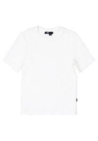 Hvid bomulds t-shirt med korte ærmer, rund hals og et mærke på venstre side. Glat tekstur, enkelt design, ingen mønstre eller ekstra detaljer.
