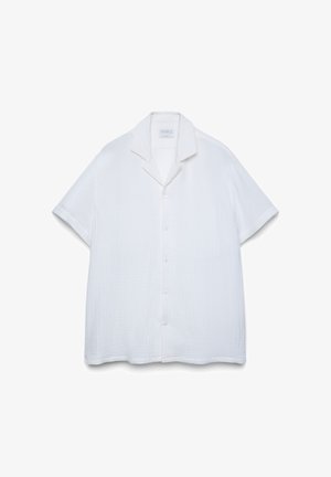 White short-sleeve button-up shirt with textured fabric and a spread collar, displayed on a plain white background.
