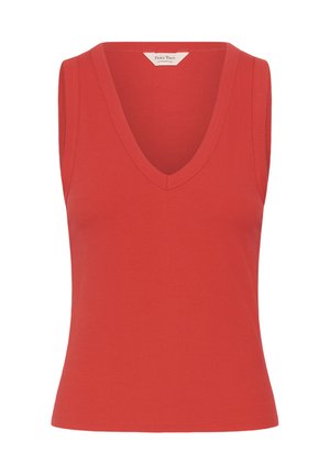 Sleeveless knitted red top with V-neck and ribbed texture, labeled "Part Two," designed for casual wear.