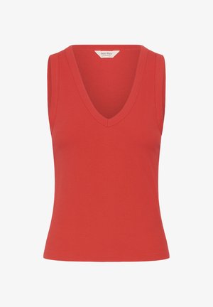 Sleeveless knitted red top with V-neck and ribbed texture, labeled "Part Two," designed for casual wear.