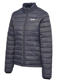 Veste matelassée grise avec col montant. Dispose d'une fermeture éclair, de lignes matelassées horizontales et d'un petit logo sur le côté gauche de la poitrine. Tissu texturé.