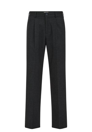 Pantaloni gri închis dintr-un material cu o textură subtilă, având o croială dreaptă, pliuri și o închidere cu nasture la talie.