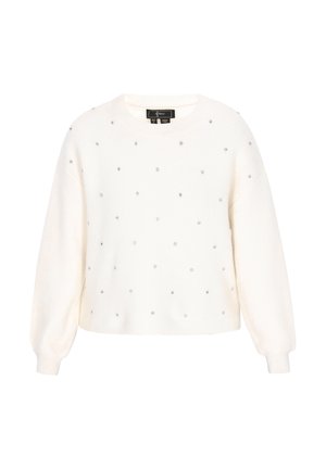 Witte gebreide trui met lange, licht gepofte mouwen, versierd met verspreide zilveren rhinestones. Ronde halslijn en cropped ontwerp.