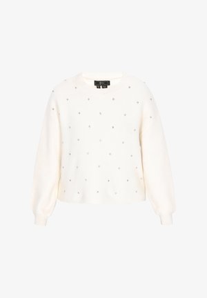 White knitted sweater with long, slightly puffed sleeves, featuring scattered silver rhinestones for decoration. Round neckline and cropped design.